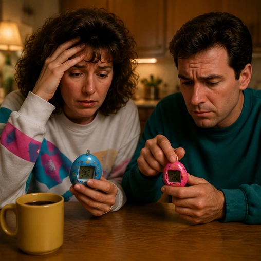 Concerned parents using a digital pet and checking a care guide at a kitchen table