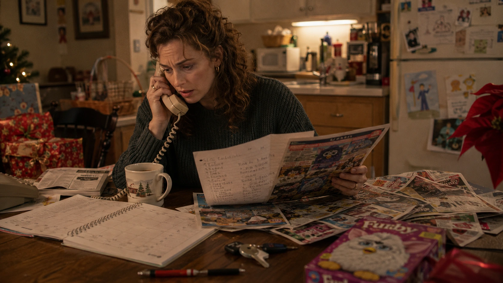 Parent calling toy stores from a 1998 kitchen while checking newspaper advertisements and a handwritten shopping list