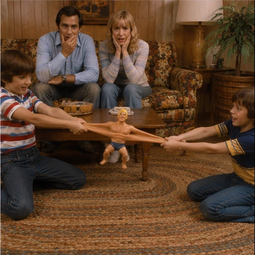 Parents reacting nervously while two children pull Stretch Armstrong across a coffee table