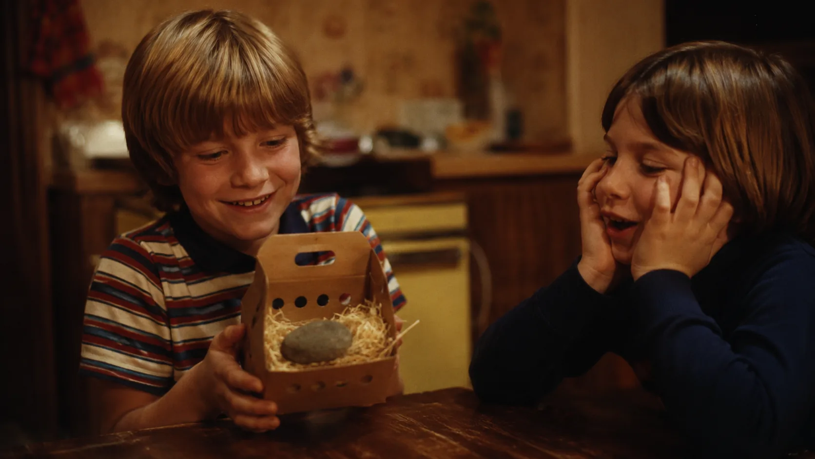 Children opening a Pet Rock box at a 1970s kitchen table