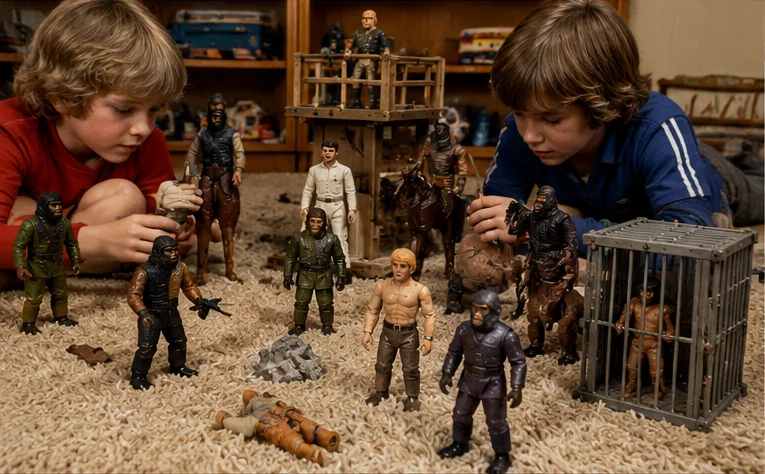 Planet of the Apes action figures with ape soldiers, human captives, horses and rough terrain on a 1970s carpet
