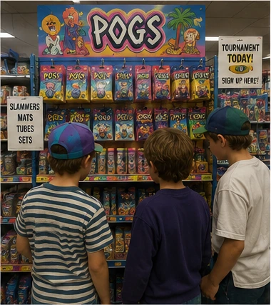 1994 toy-store Pog display packed with tubes, slammers, mats and tournament merchandise