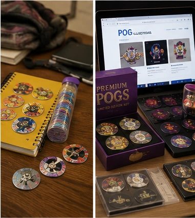 Original 1990s Pog collection beside a modern premium collector display and online hobby shop
