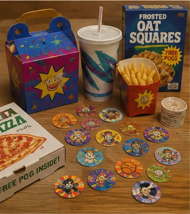 1990s fast-food meal, cereal box, pizza promotion and giveaway Pogs spread across a table
