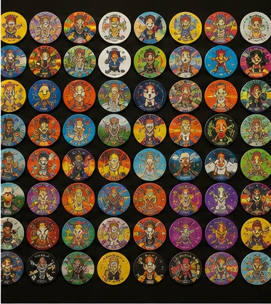 Large wall display of colorful 90s Pogs with cartoon, sports, monster and holographic artwork