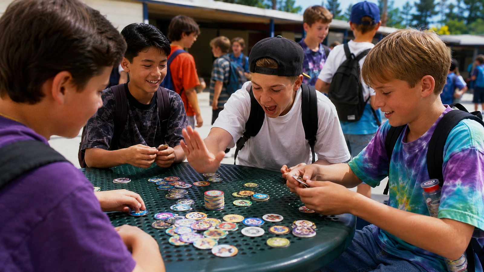 Kids playing Pogs around a schoolyard table during recess in the mid-1990s