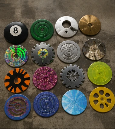 Collection of plastic, rubber, metal, brass, holographic and shaped Pog slammers