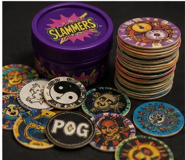 Colorful 1990s Pogs and heavy slammers arranged in a collectible display