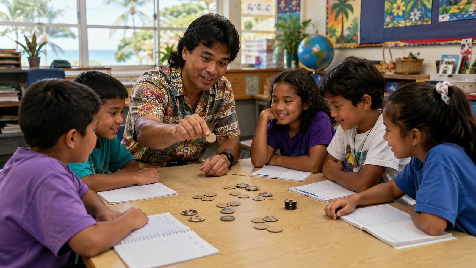 Hawaiian school educator showing students how to play a milk-cap flipping game