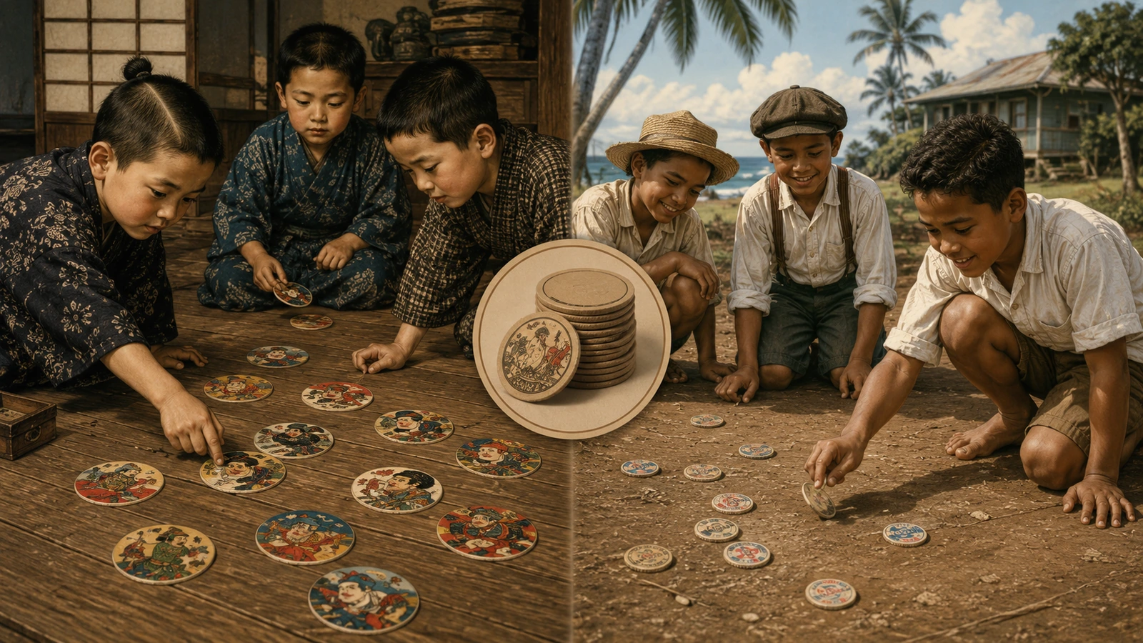 Japanese Menko game pieces and Hawaiian children playing with cardboard milk caps