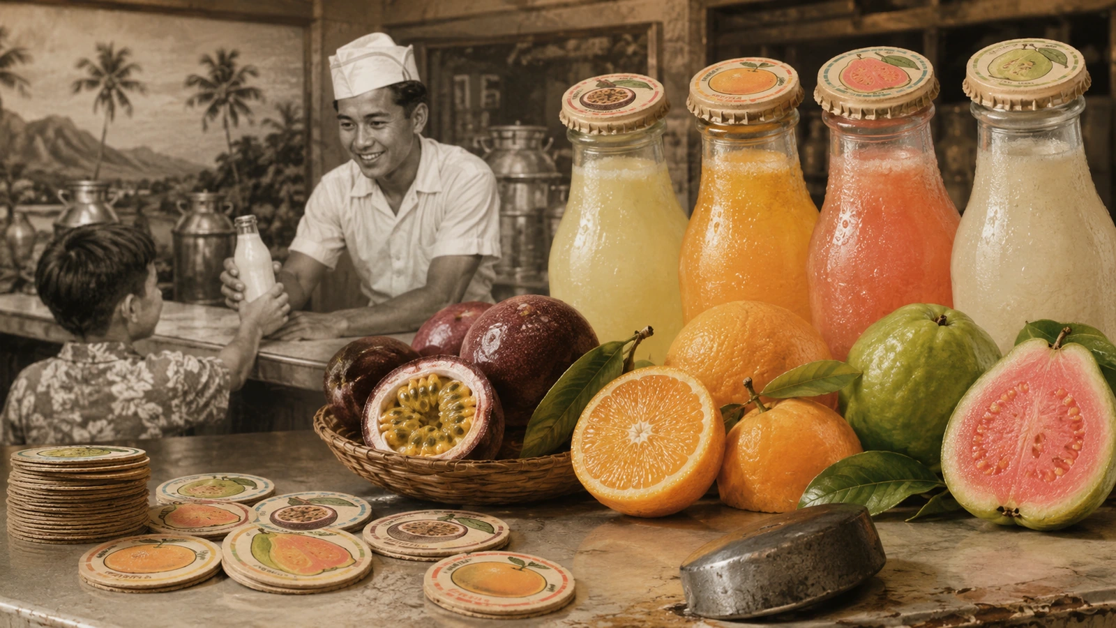 Passion fruit, oranges, guava, glass drink bottles and vintage cardboard milk caps in Hawaii