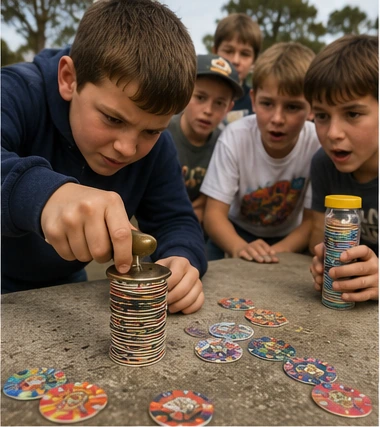 Intense schoolyard Pog match played for keeps with a heavy slammer striking the stack