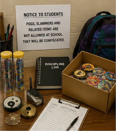 Confiscated Pog tubes and metal slammers beside a school notice banning the recess craze