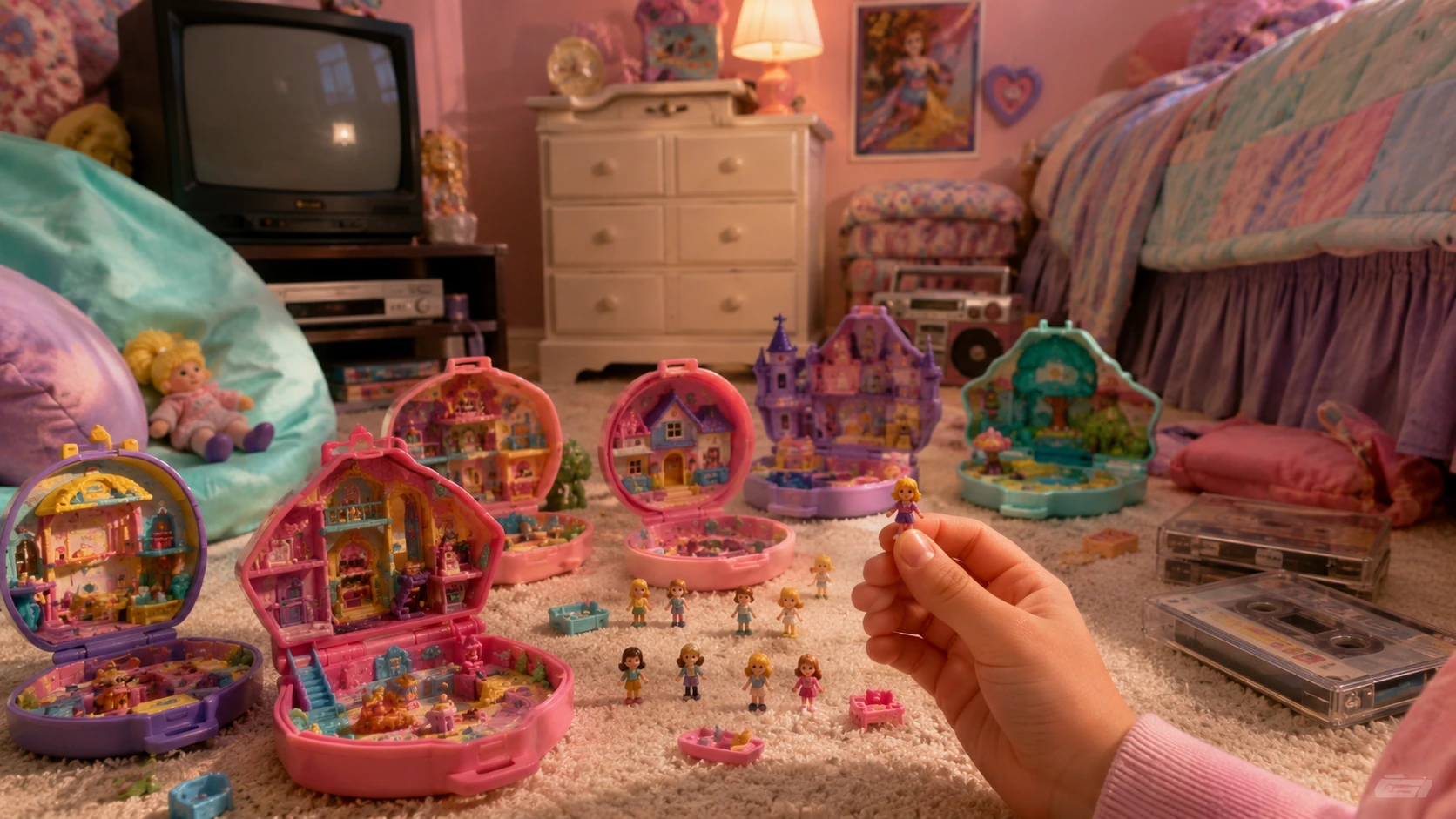 Early 1990s bedroom with open Polly Pocket compacts, tiny dolls, cassette tapes and a CRT television
