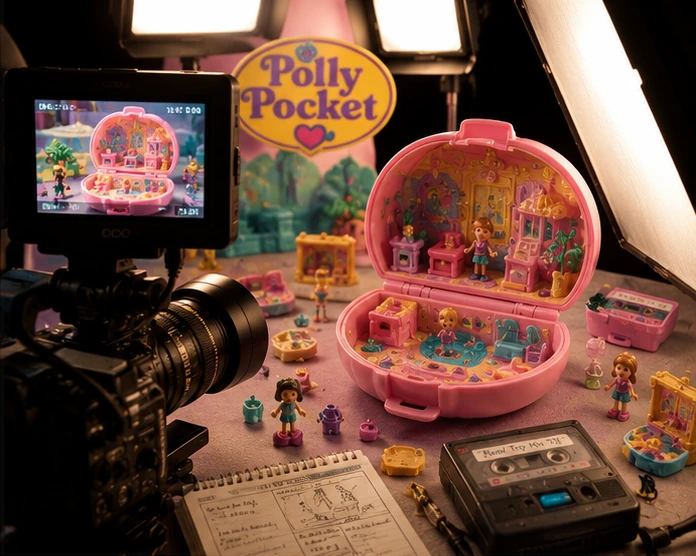 1990s toy-commercial studio filming a Polly Pocket compact with a macro camera, bright lights and CRT monitor
