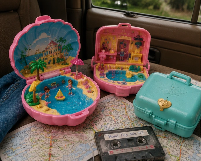 Polly Pocket beach and holiday compacts on the back seat of a 1990s family car beside a road map and cassette