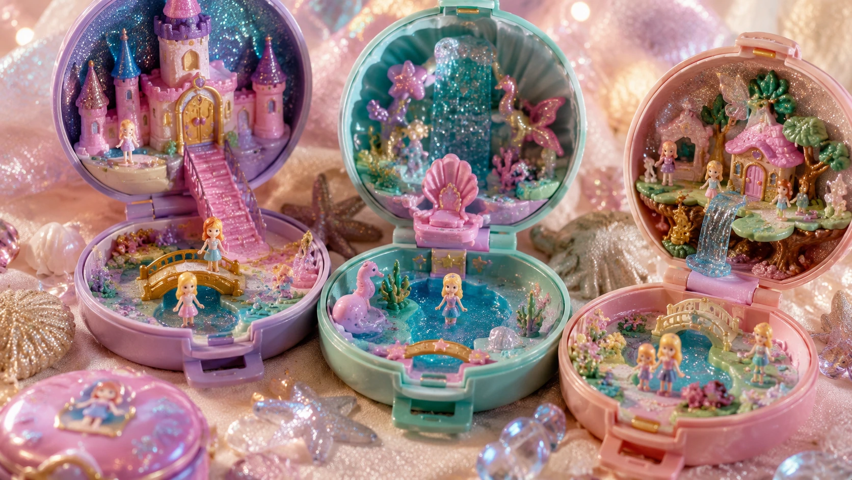 Pastel Polly Pocket castle, mermaid lagoon and fairy-garden compacts with glitter and translucent details