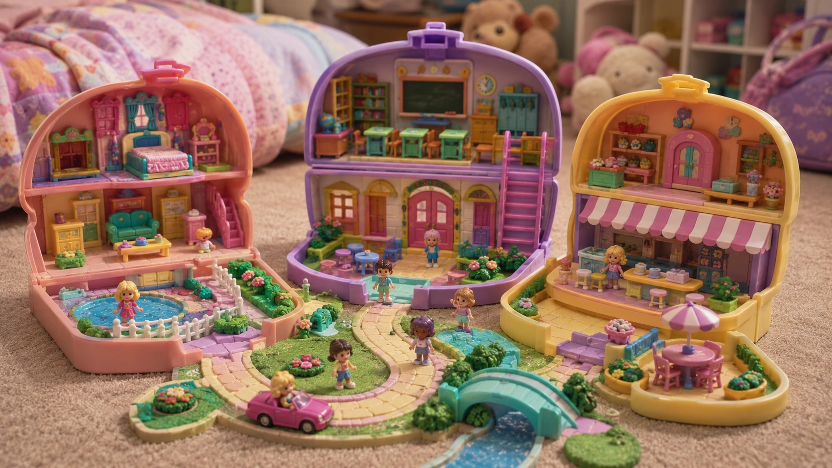 Open Polly Pocket house, school and café compacts connected across a bedroom carpet like a miniature town