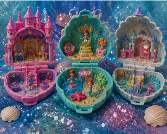 Tiny Polly Pocket figures and pastel compacts spread across carpet during a search for missing pieces