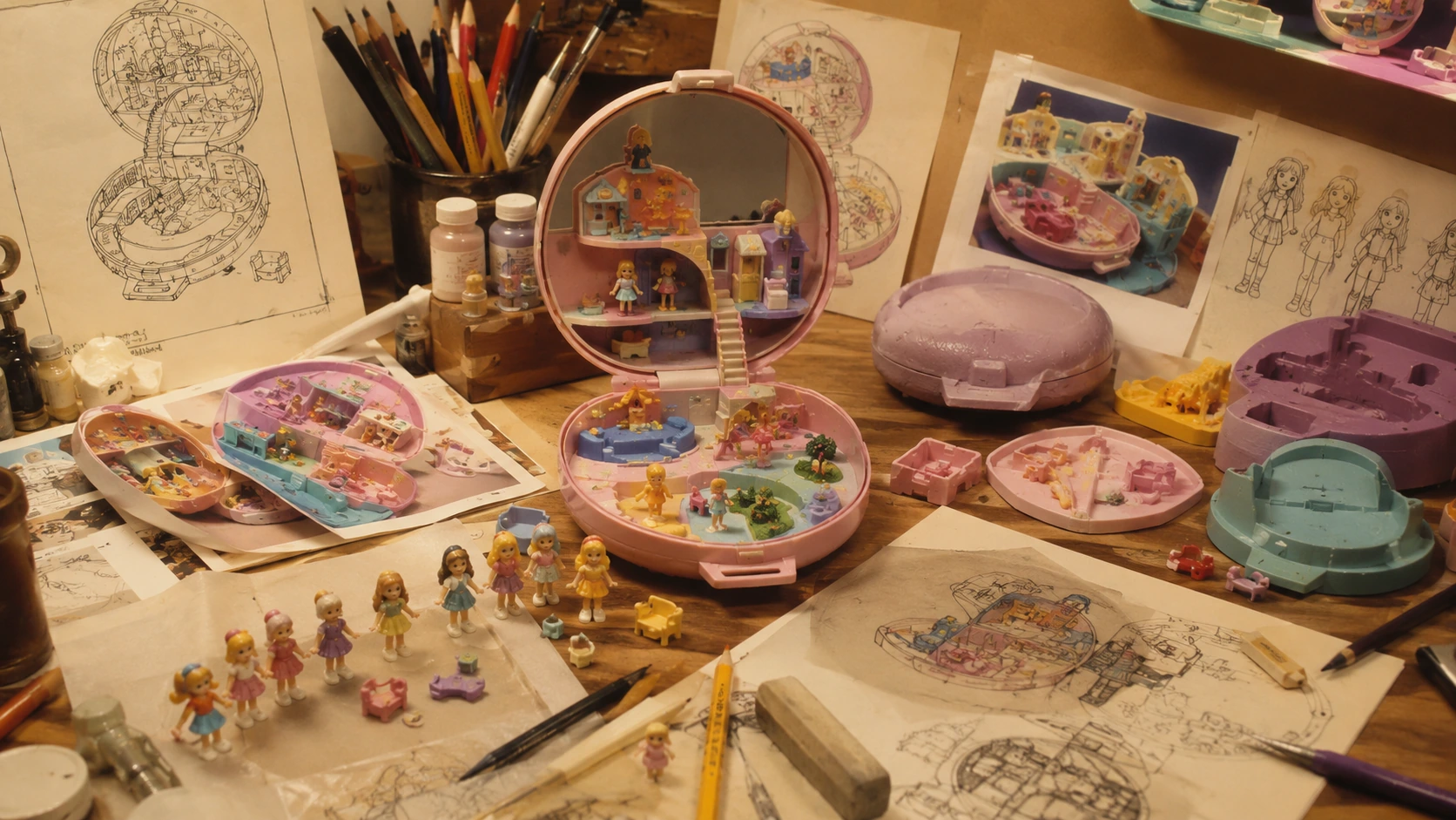 1980s toy-design workbench with a makeup compact transformed into a miniature dollhouse, sketches and prototype dolls