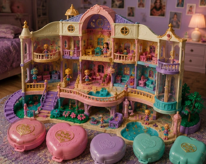 Large multilevel Polly Pocket mansion playset surrounded by smaller pastel compacts