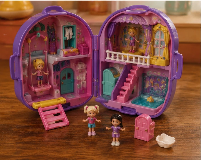 Open Polly Pocket playset with moving staircase, hidden door, balcony, pool and tiny dolls