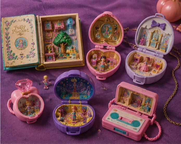 Polly Pocket storybook, locket, jewelry compact and cassette-player formats arranged on purple fabric