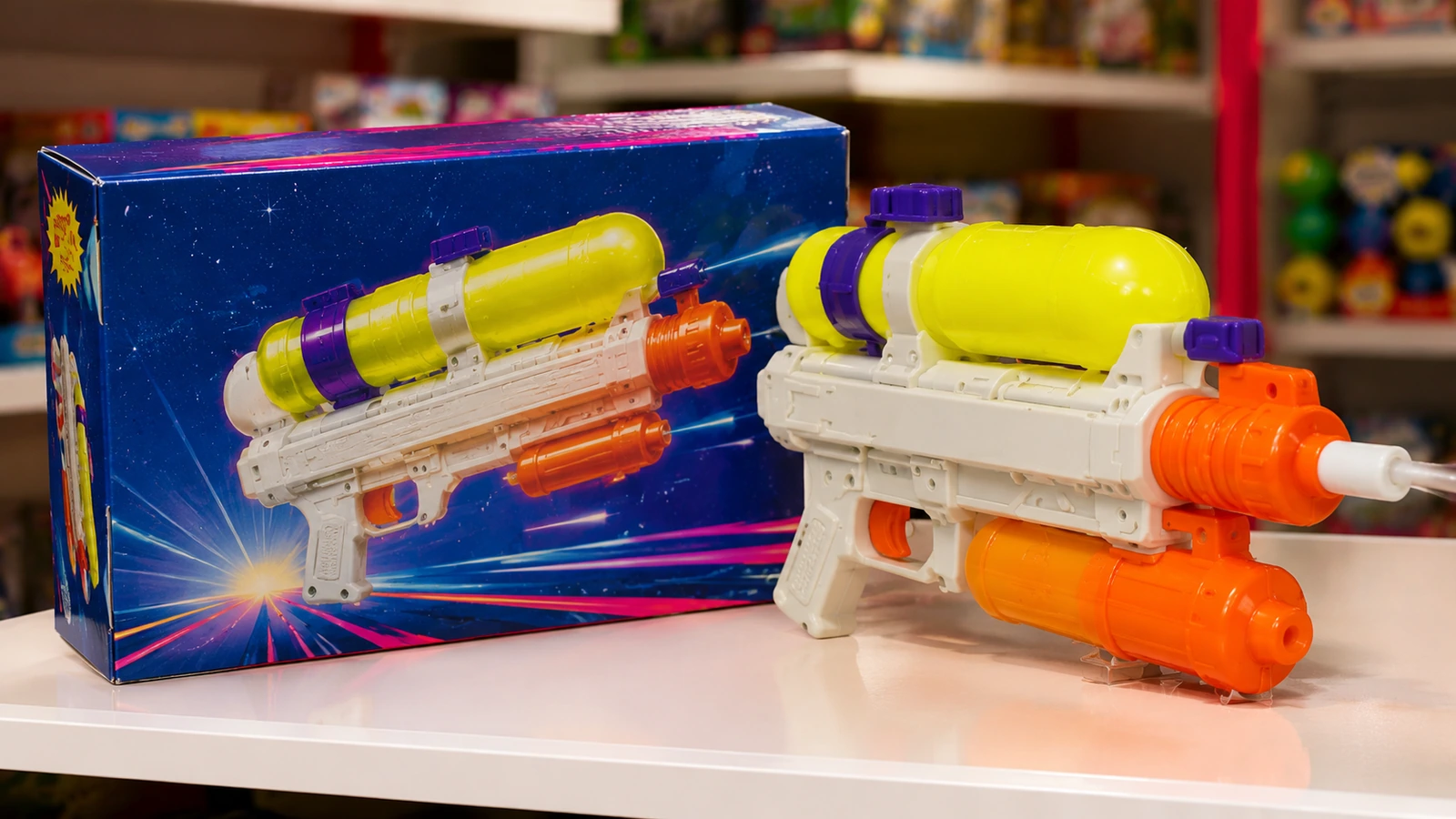 90s-style boxed pressure water blaster evoking the original 1990 Power Drencher launch