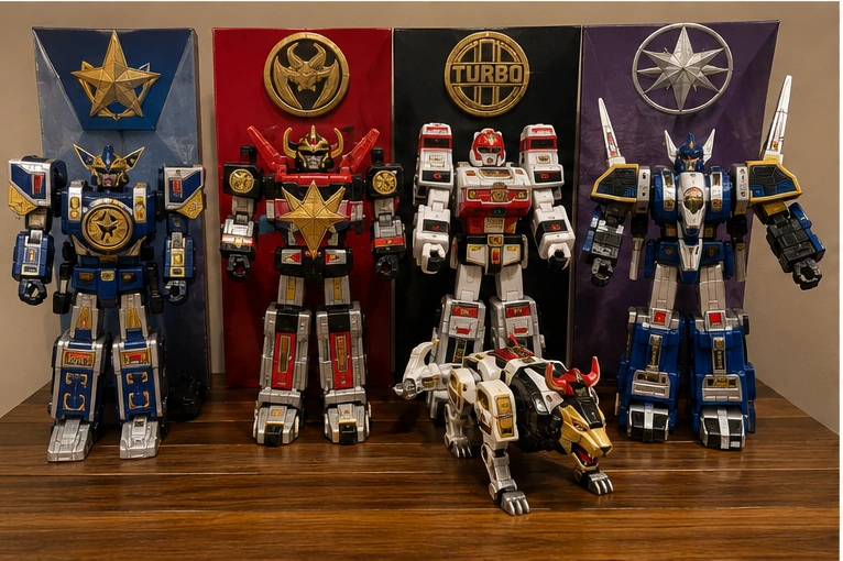 Four 1990s Power Rangers robot generations displayed together representing Zeo, Turbo, In Space and Lost Galaxy