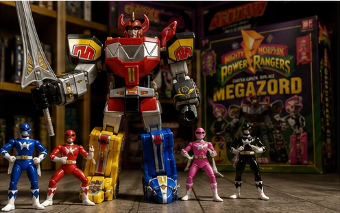Mighty Morphin Power Rangers action figures posed with a Megazord toy