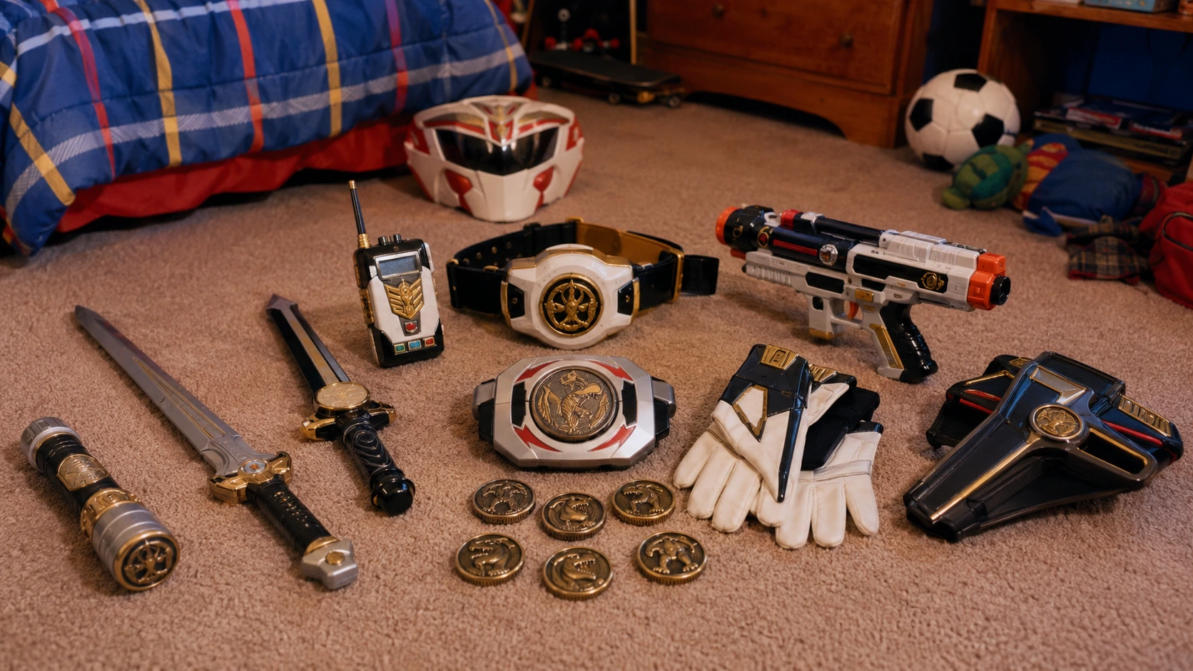 Power Rangers-style Morpher, coins, swords, blaster, gloves and role-play accessories arranged on a bedroom floor