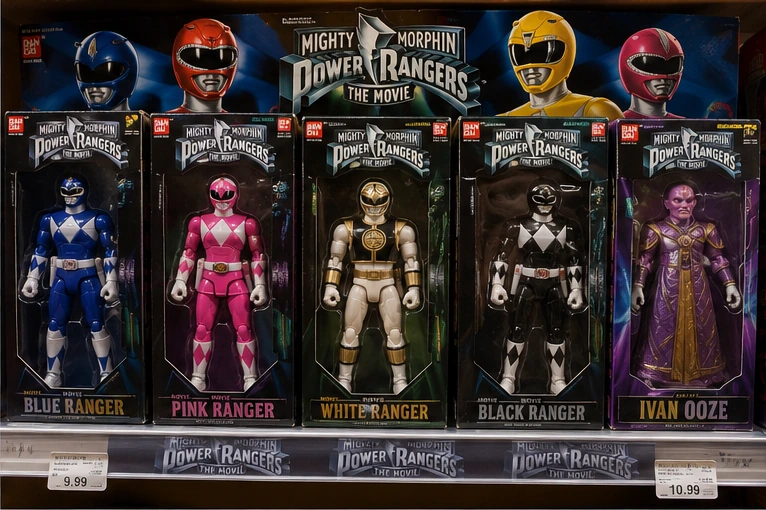 1995 Power Rangers movie figures and villain toys displayed in theatrical packaging on a store shelf