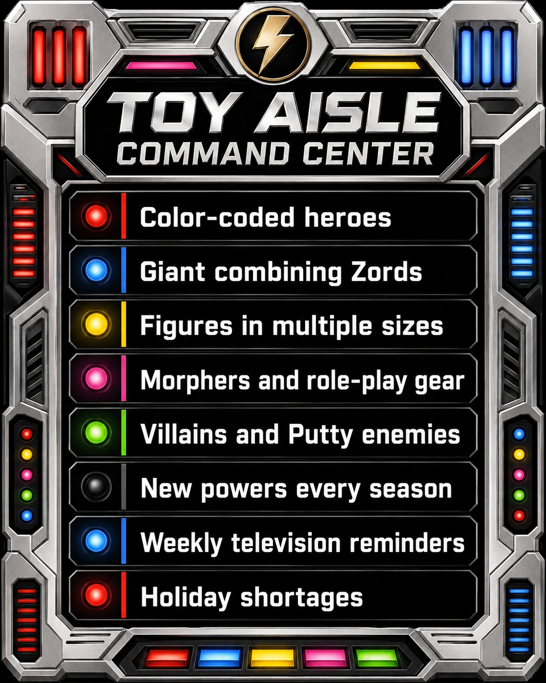 Mobile-friendly Power Rangers Toy Aisle Command Center listing the major reasons the 1993 toy line became a craze