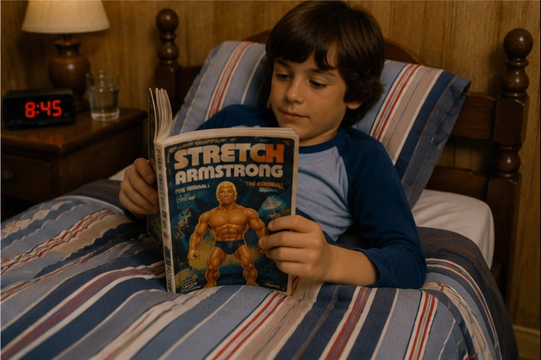 Child reading about Stretch Armstrong while the vintage figure is kept safely nearby