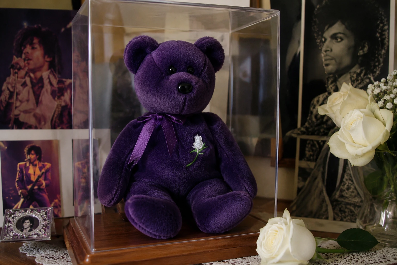 Royal-purple memorial bear in a clear collector case beside white roses and memorabilia