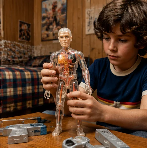 Child examining a Pulsar action figure with a transparent chest and visible internal mechanism