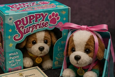 Puppy Surprise plush dog with small surprise puppies and packaging