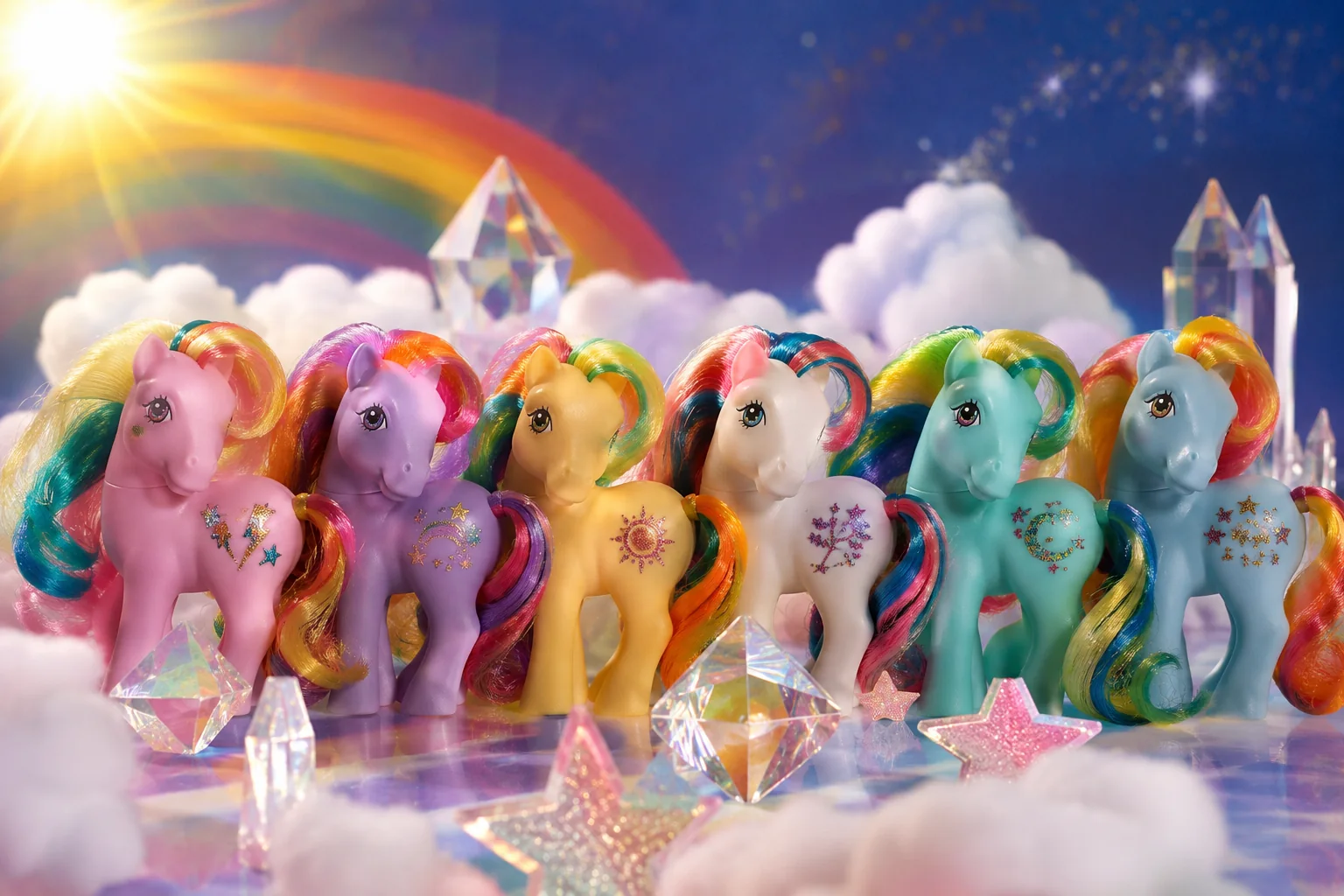 Lineup of pastel Rainbow Ponies with multicolored manes, glittery symbols, clouds, stars, prisms, and bright rainbow scenery.