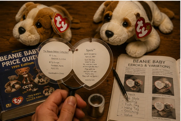 Collector comparing two similar Beanie Babies with a magnifying glass, tags and reference guide