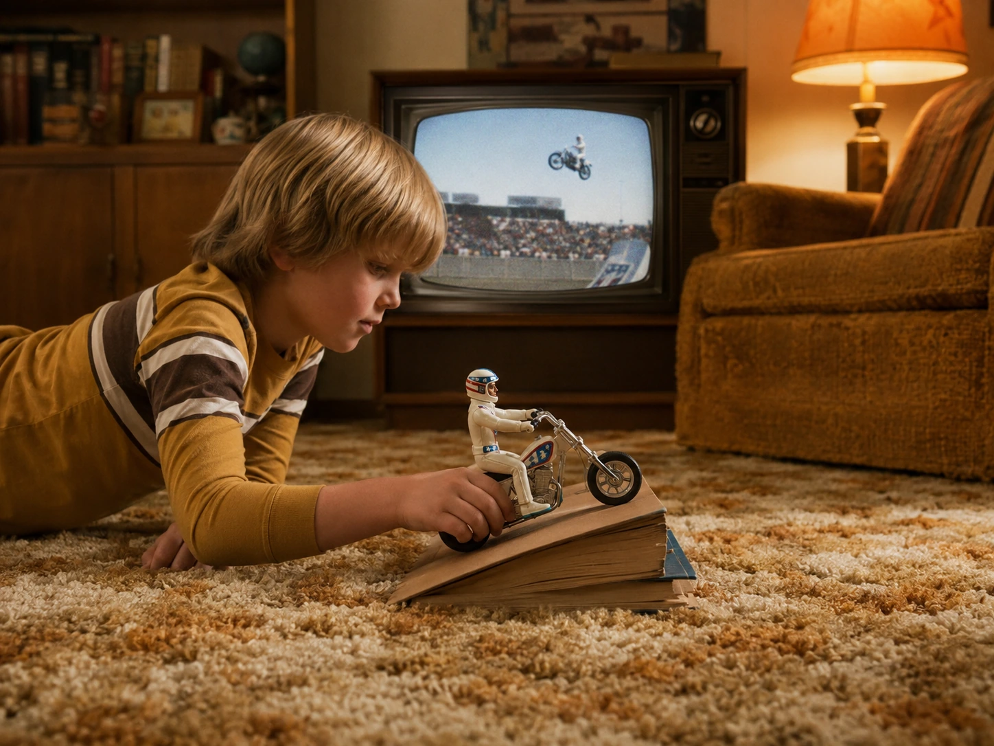 Child recreating a televised motorcycle jump with an Evel Knievel toy and a book ramp