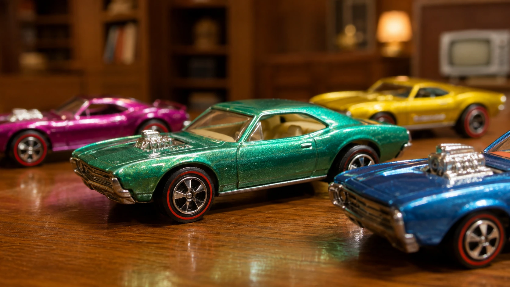 Close-up of metallic green, blue, pink and yellow vintage-style cars showing thin red stripes around the wheels