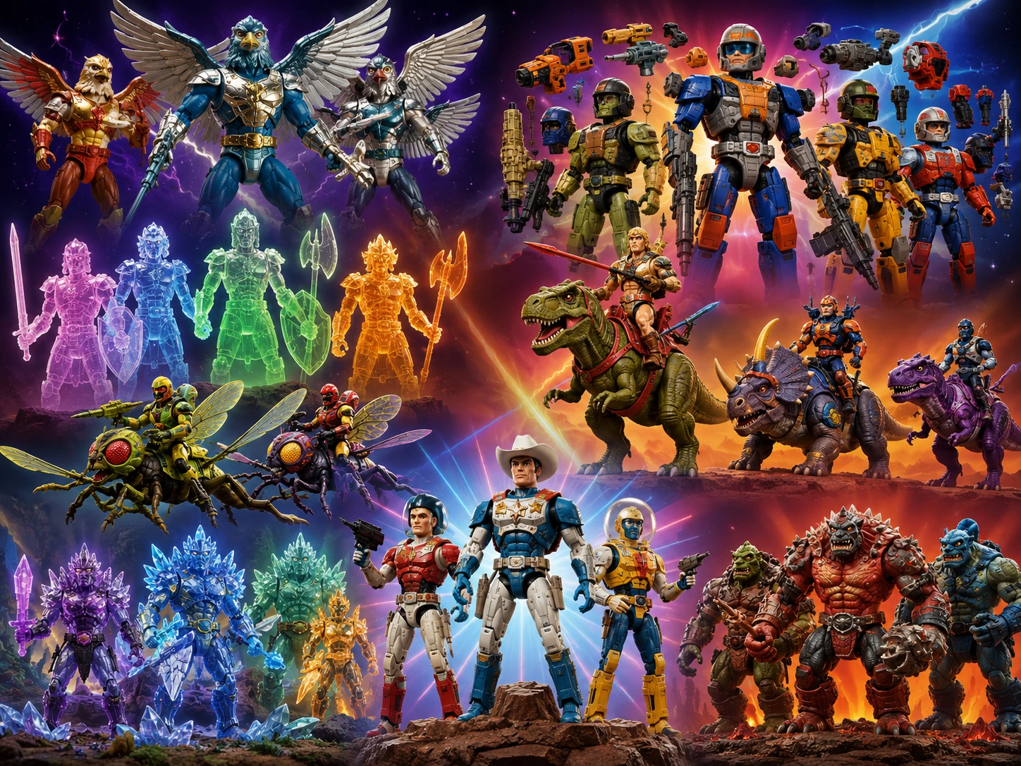 Fantasy montage of lesser-known 80s action-figure lines, armored warriors, robots, monsters, and dinosaur riders