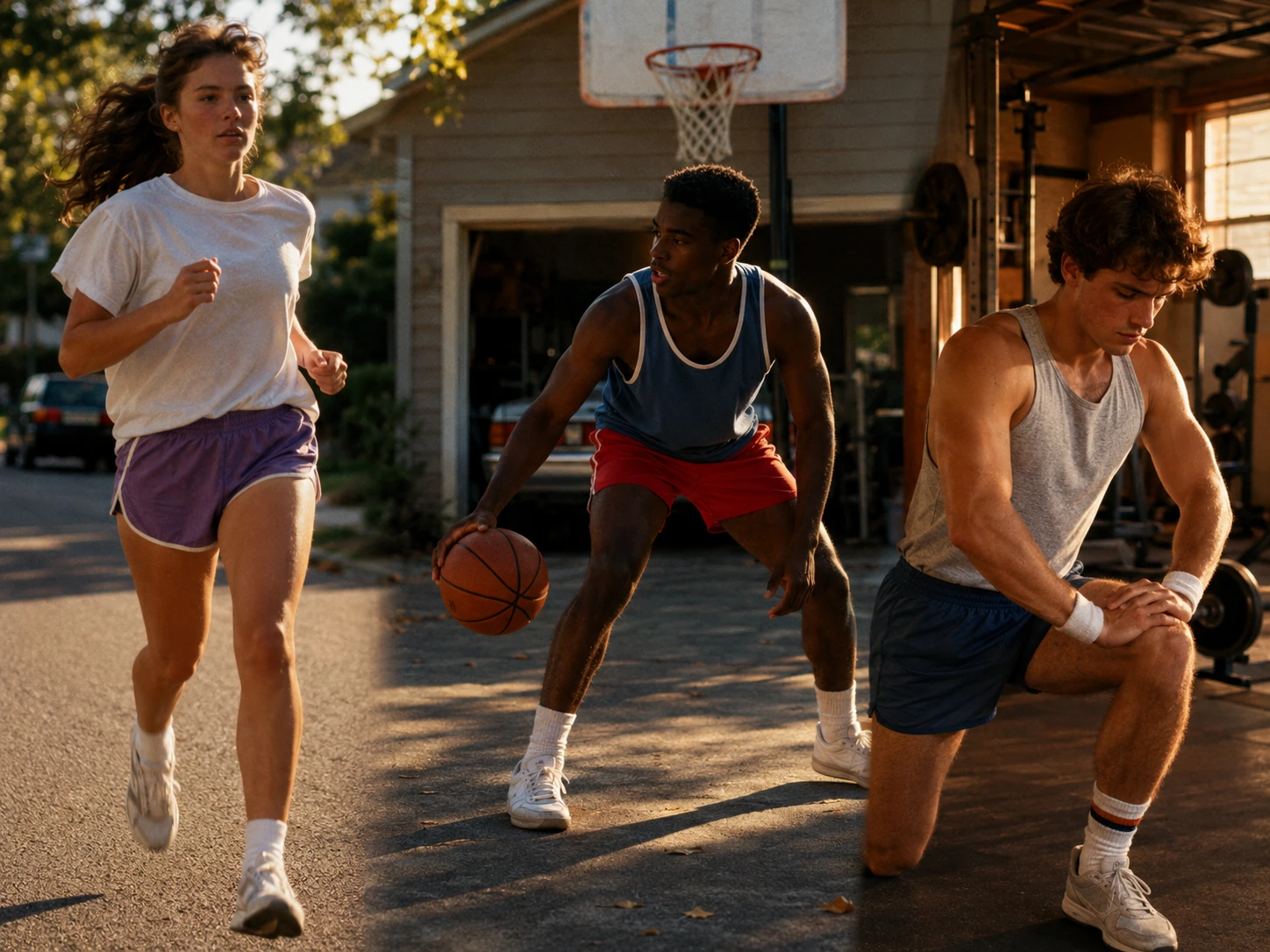 Late-1980s everyday athletes running, playing driveway basketball and training in a garage gym