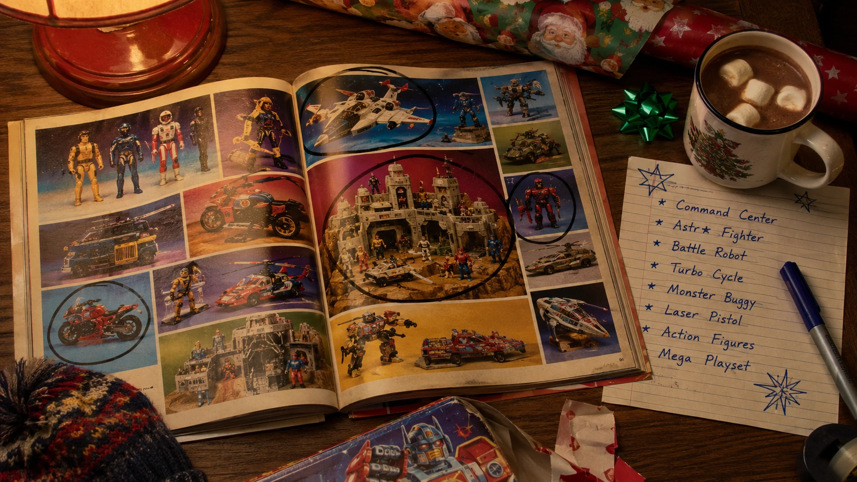 Christmas wish book with circled action figures, vehicles, playsets, handwritten list, and hot chocolate