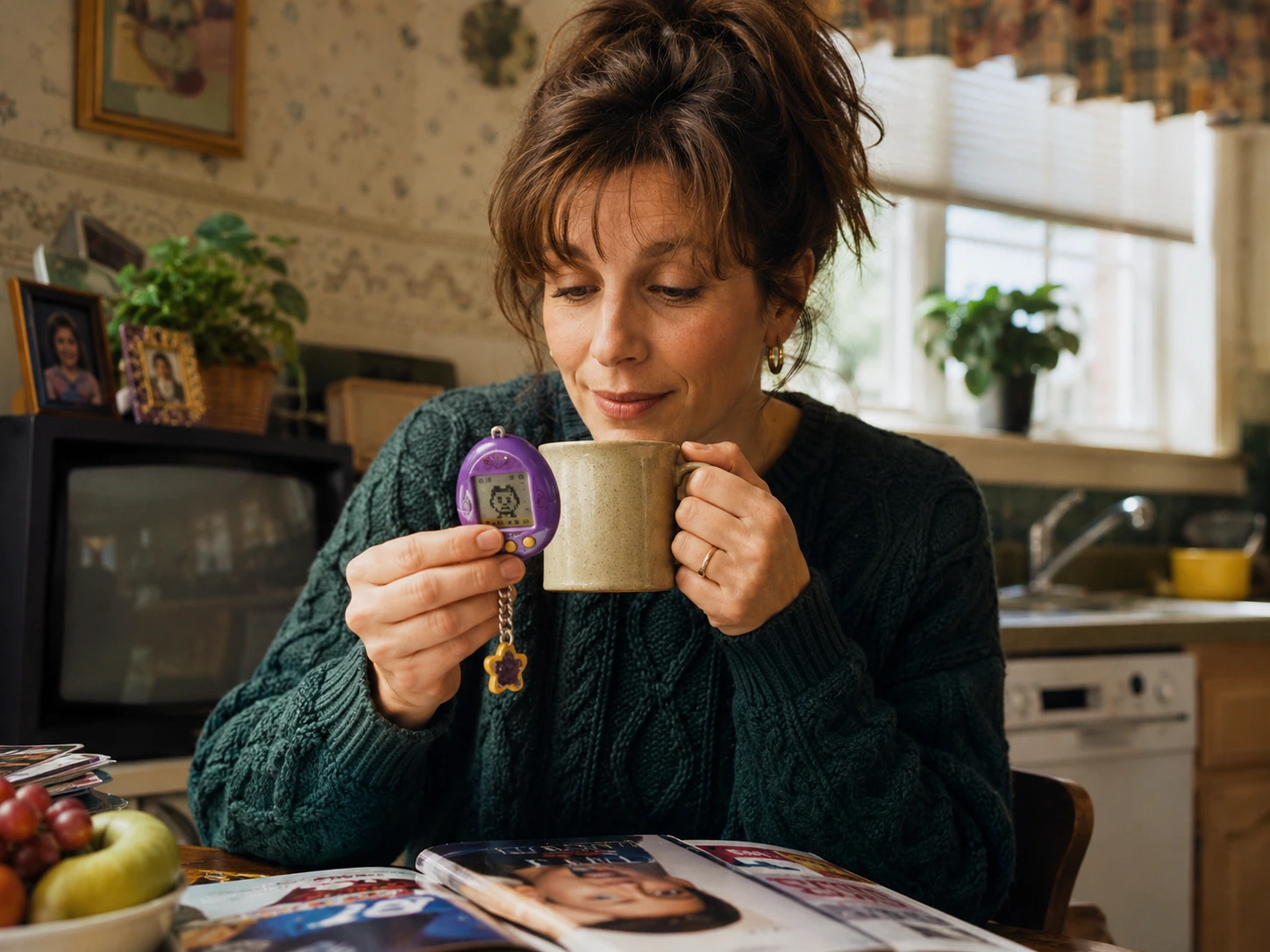 Parent holding a digital pet with coffee at a 1990s kitchen table