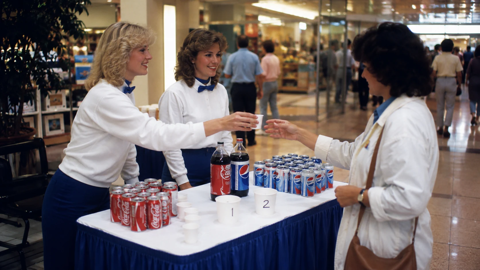 Retro 1980s mall soda sampling table recreating a public Pepsi Challenge taste-test event