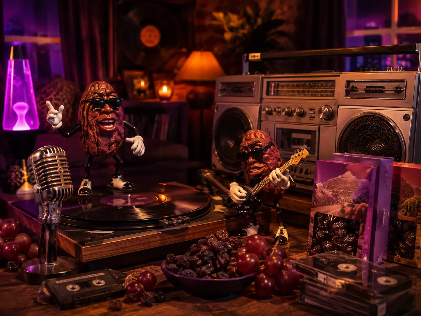 Clay-style raisin musicians performing beside a record player and boombox in a late-1980s lounge