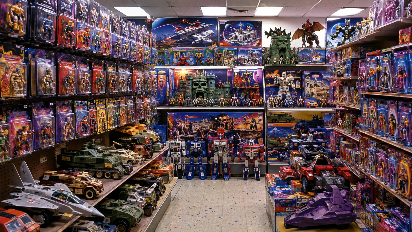 Crowded 1980s action-figure toy aisle filled with carded figures, vehicles, and giant playset boxes