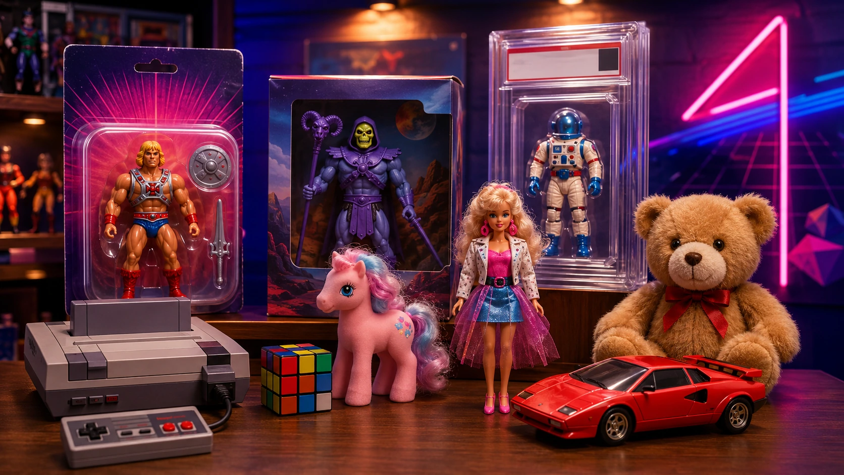 Collector display of valuable 80s toys including boxed action figures, a vintage game console, dolls, plush toys, a puzzle cube, and die-cast vehicles