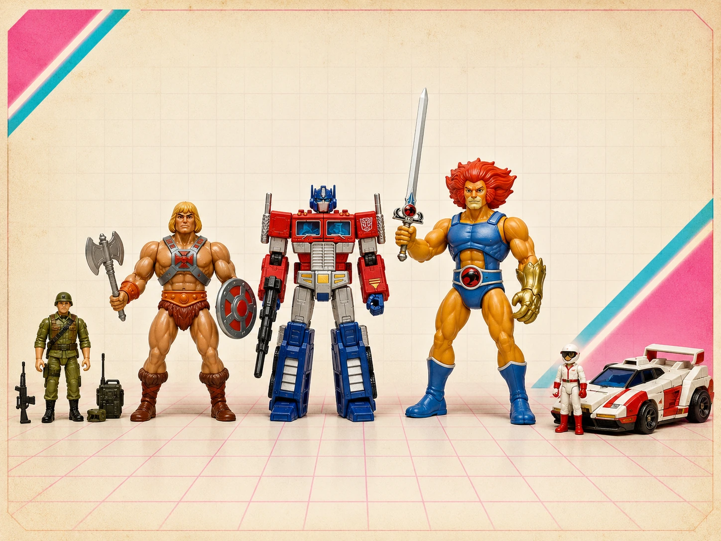 80s action figures shown at different scales, from small military figures to fantasy warriors and transforming robots